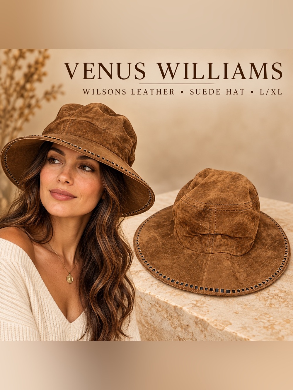 Venus Williams for Wilsons Leather Brown Suede Wide Brim Hat L/XL